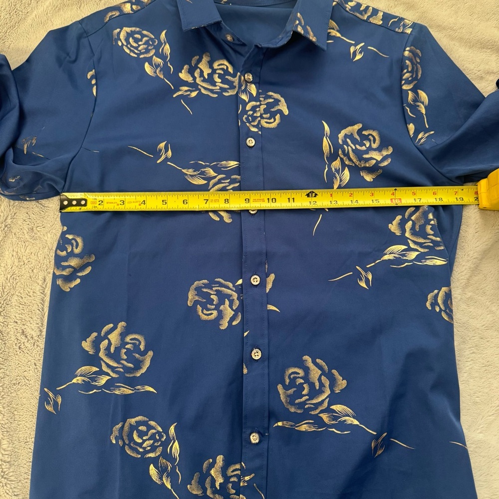 Zeroyaa Blue Gold Floral Print Long Sleeve Button‎ Up Shirt Men’s Small - Picture 3 of 8